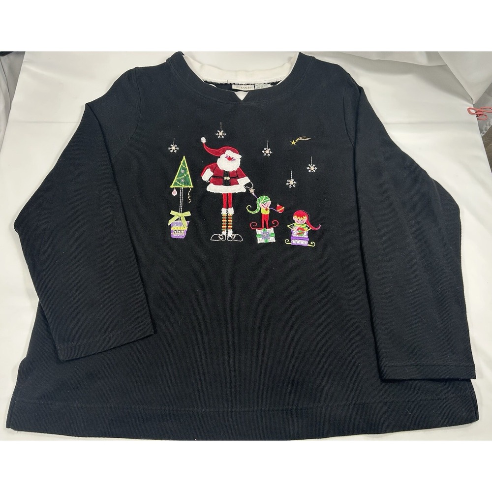Embroidered Black Plus Sz 18W/20W Christmas Holiday Santa Elves Jingle Bells Top